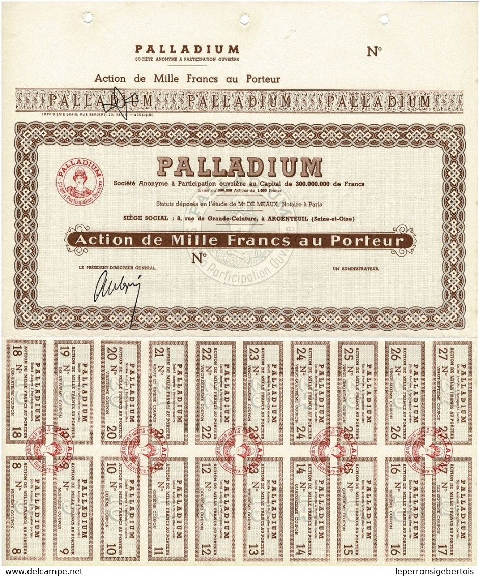 Titre Ancien - Palladium - Société Anonyme à Participation Ouvrière - Blanco - Industrie