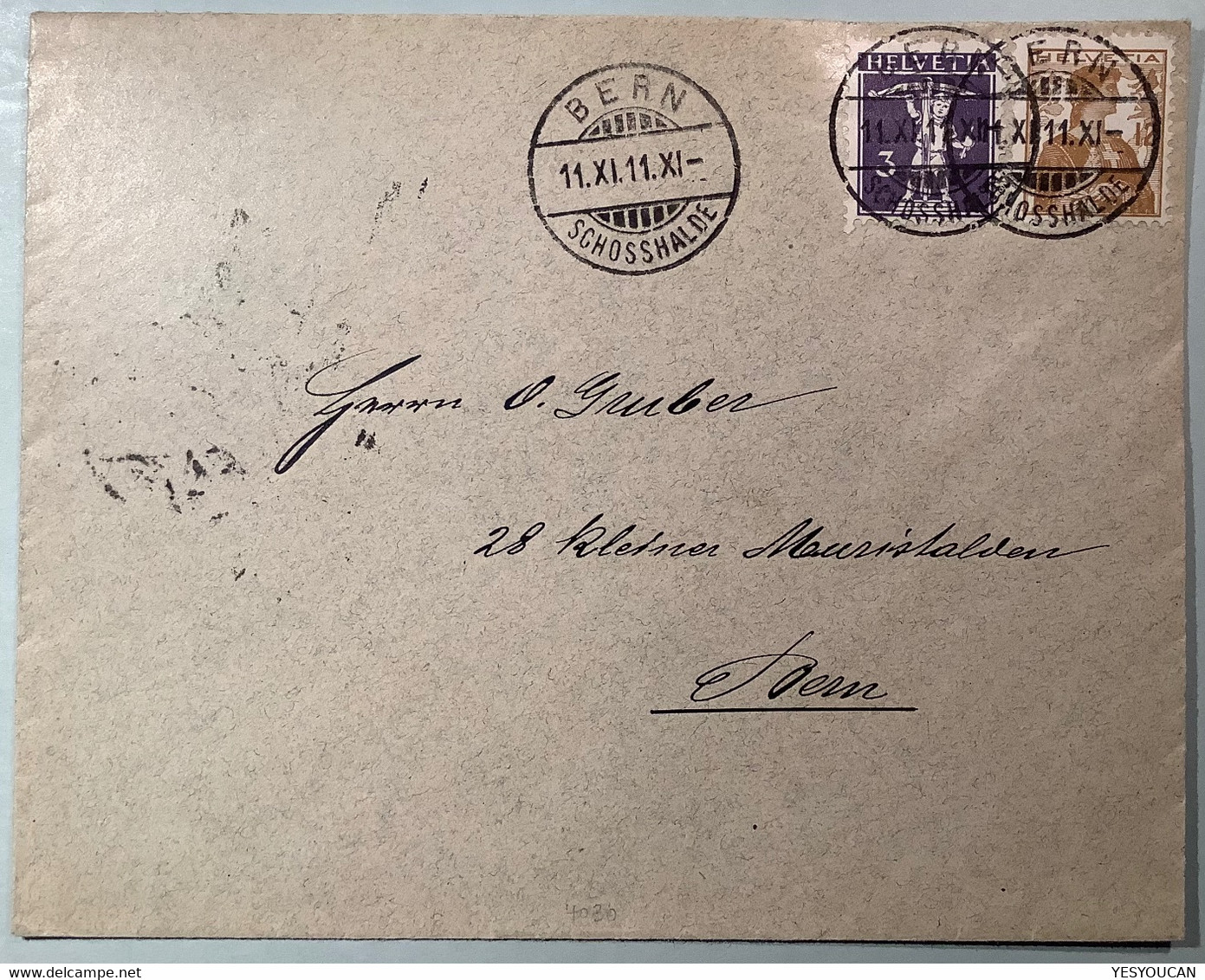 BERN SCHOSSHALDE 11.11.11.11 Seltene SCHNAPSZAHL 1911 Brief ZNr121 + 124 (Schweiz - Lettres & Documents