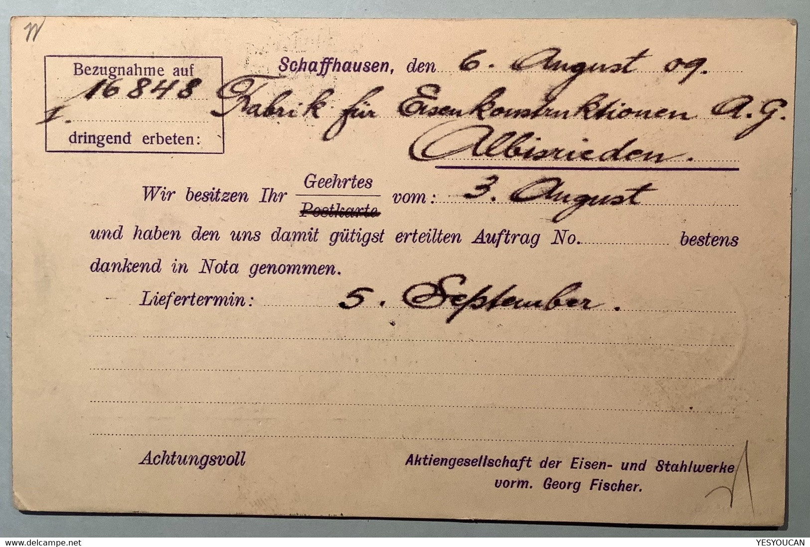 Privatganzsache: EISEN U. STAHLWERKE GEORG FISCHER Schaffhausen 1909 (Schweiz Iron Steel PTO Postal Stationery Fer Acier - Ganzsachen