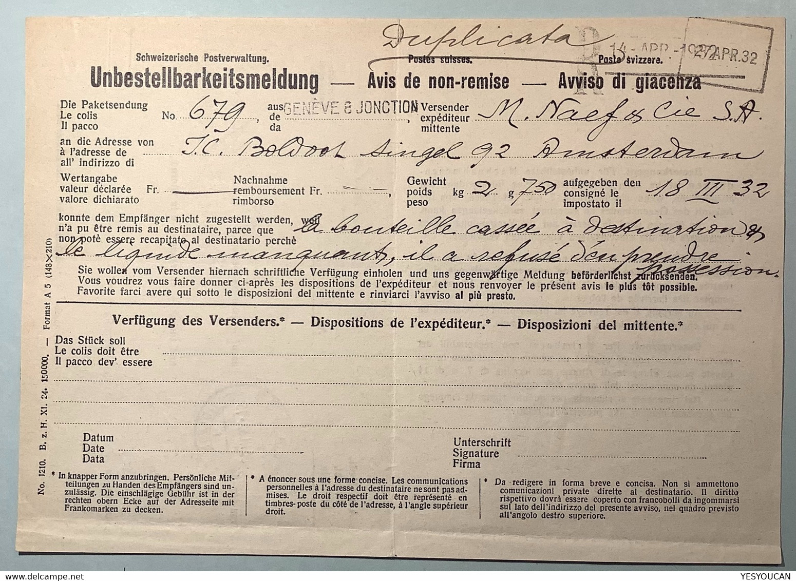 UNBESTELLBARKEITSMELDUNG Seltenes Paket-Formular GENÉVE JONCTION 1932 (Schweiz Brief Paketpost Colis Postal Formulaire - Covers & Documents