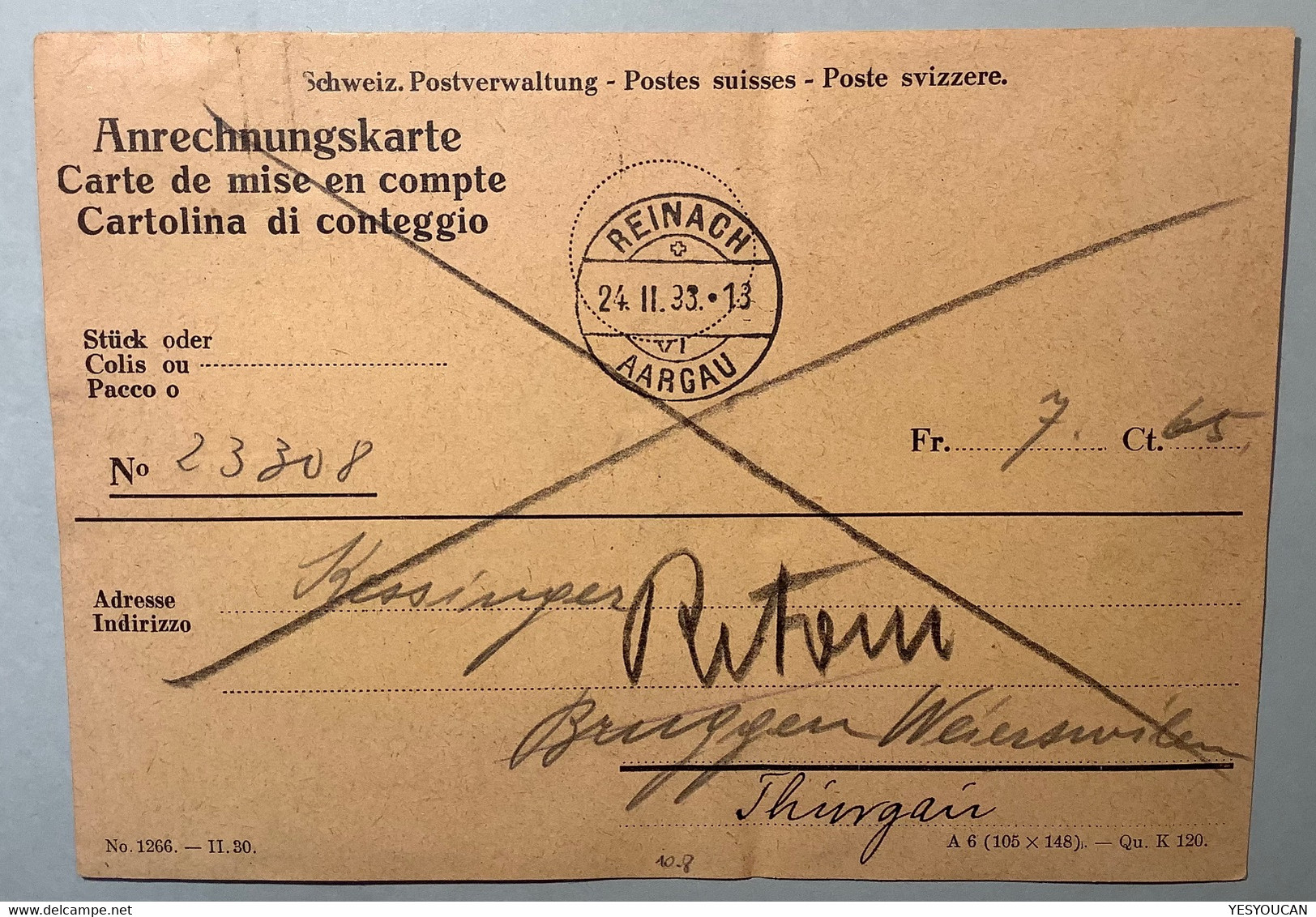 ANRECHNUNGSKARTE Unfrankiert ! Ein Seltenes Paket-Formular REINACH AARGAU 1933(Schweiz Paketpost Colis Postal Formulaire - Lettres & Documents