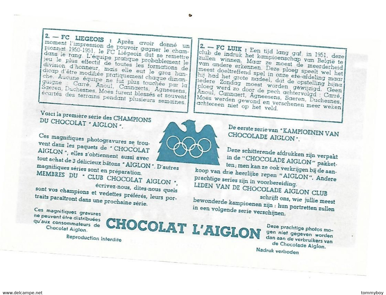 Chromo Chocolat Aiglon, Voetbal Football , FC Liegeois - FC Luik - Aiglon