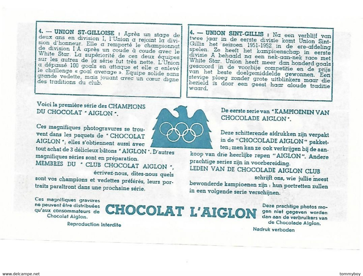 Chromo Chocolat Aiglon, Voetbal Football , Union St-Gilloise - Union Sint-Gillis - Aiglon