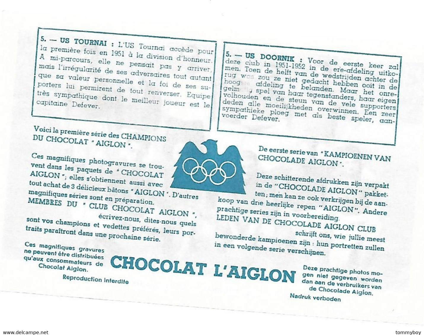 Chromo Chocolat Aiglon, Voetbal Football , US Tournai - US Doornik - Aiglon