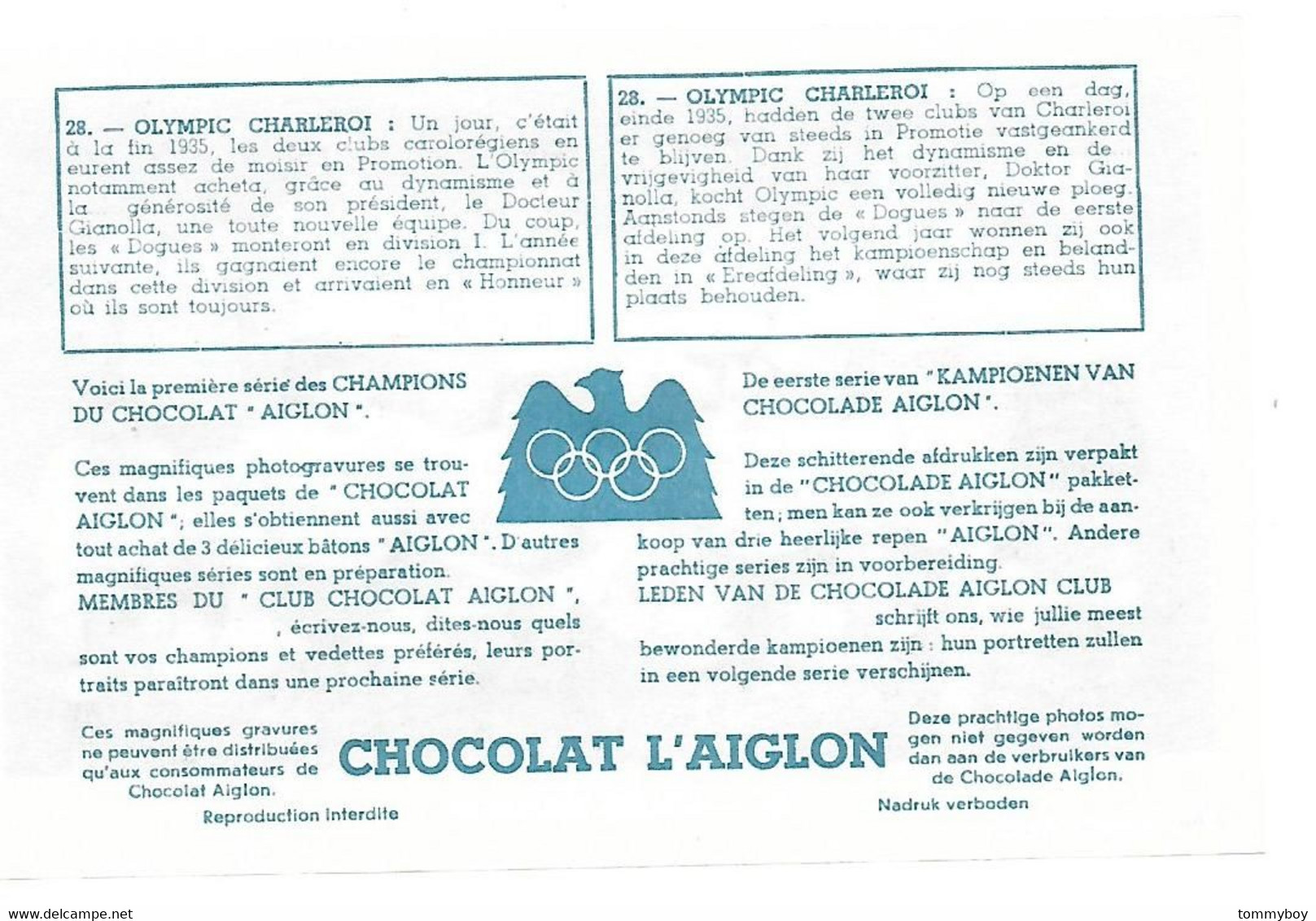 Chromo Chocolat Aiglon, Voetbal Football , Olympic Charleroi - Aiglon