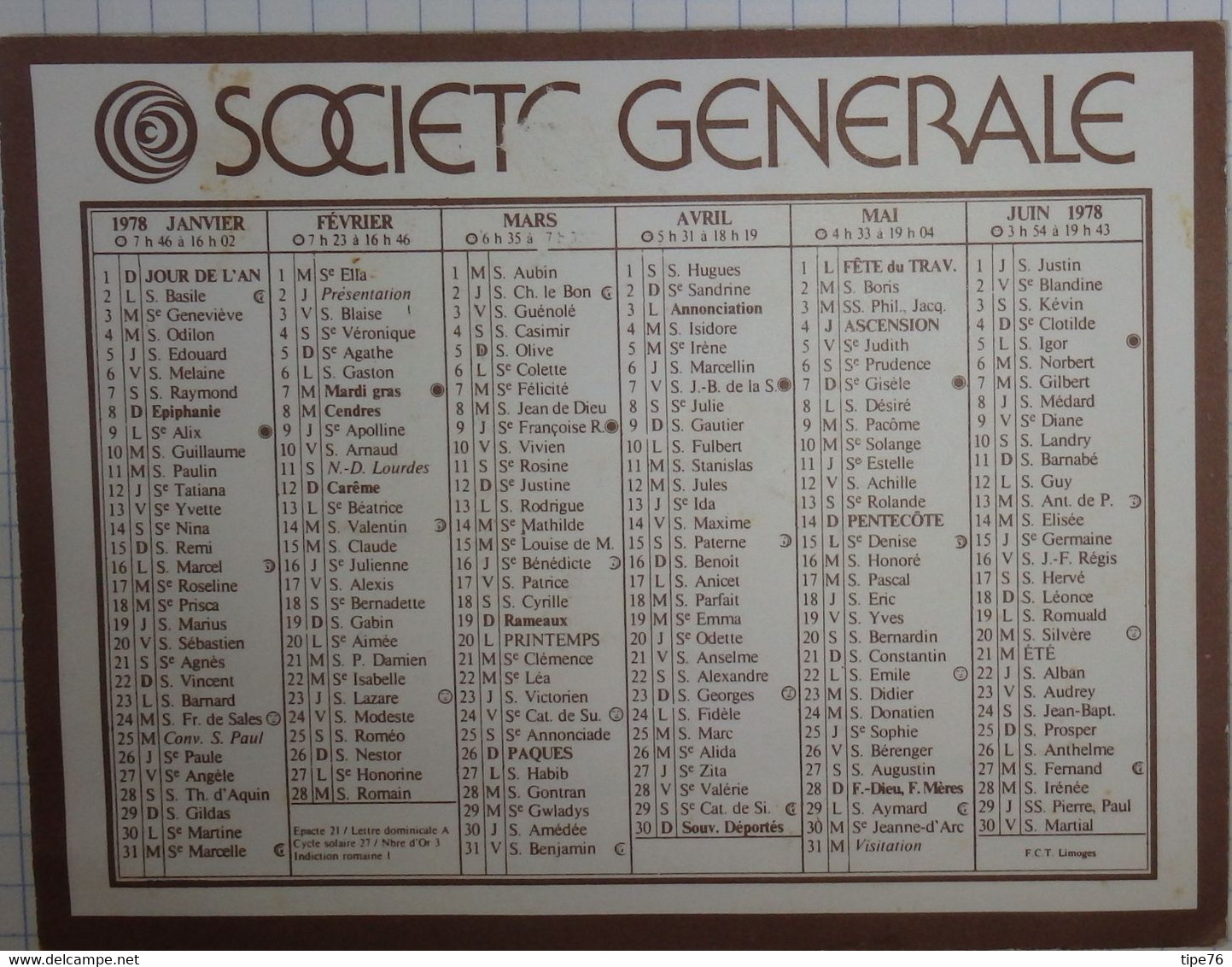 Petit Calendrier Poche 1978 Banque Société Générale - Klein Formaat: 1971-80