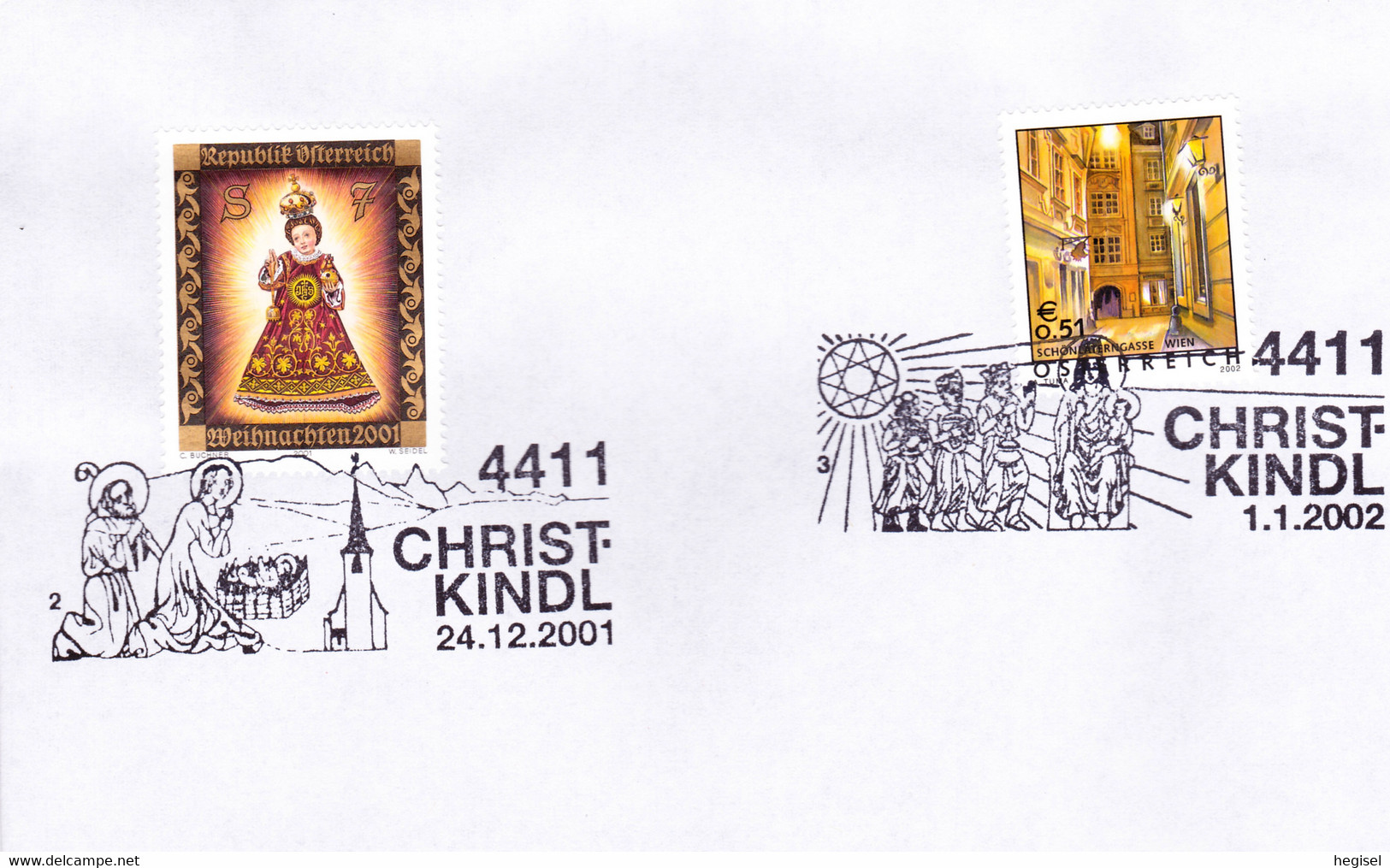 2001/02, Austria,"Jesuskindl V. Filzmoos + Schön.", 2 X SST. 4411 Christkindl 24.12.2001  UZ 2,  (S) + 1.1.2002 UZ 3 (€) - Quadri