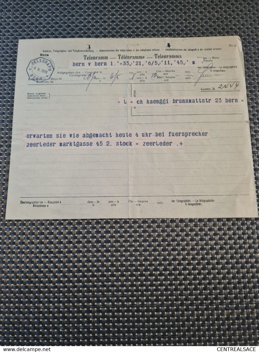 TELEGRAPH TELEGRAMME  BERN 1918 POUR BERNE GENEALOGIE HAENGGI - Télégraphe