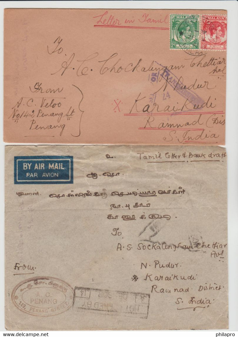 MALAYSIA  LOT 2 CENSORS  COVERS 1941 From  PENANG To  INDIA  Réf R74 - Penang