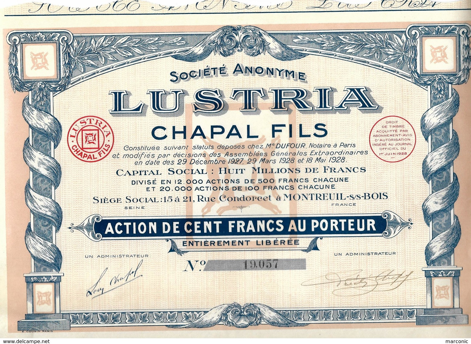 ACTION - Société Anonyme LUSTRIA CHAPAL FILS, Montreuil Sous Bois - Cent Francs - Industrie