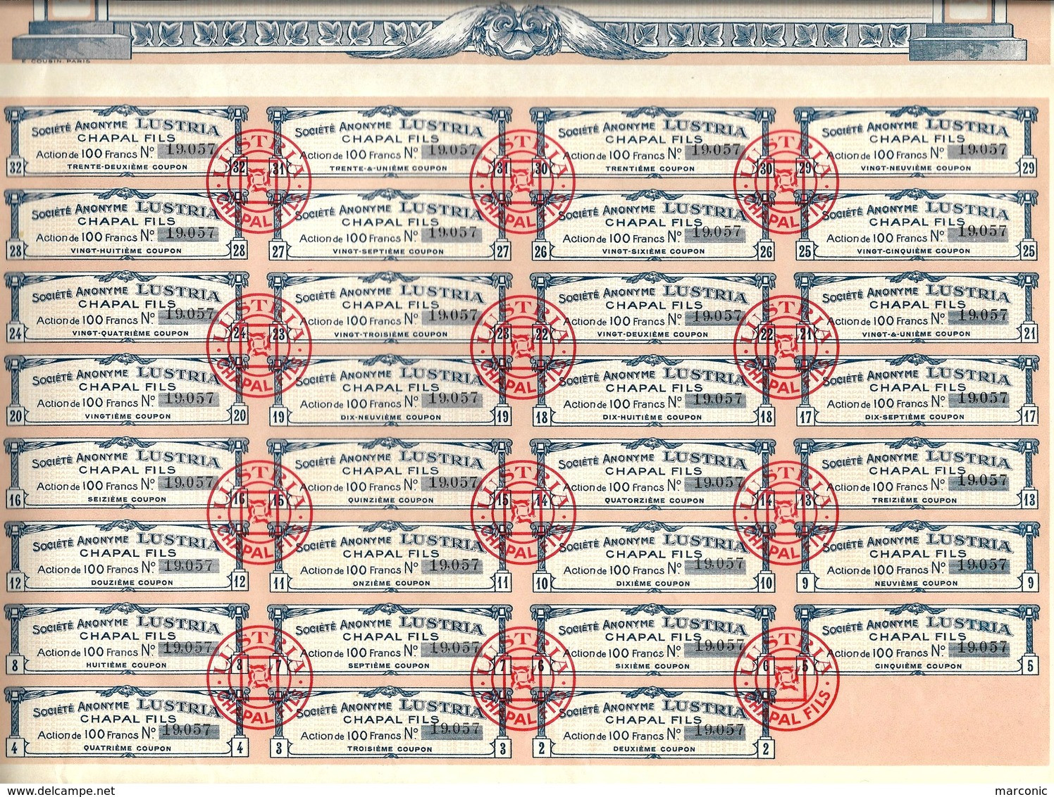 ACTION - Société Anonyme LUSTRIA CHAPAL FILS, Montreuil Sous Bois - Cent Francs - Industrie