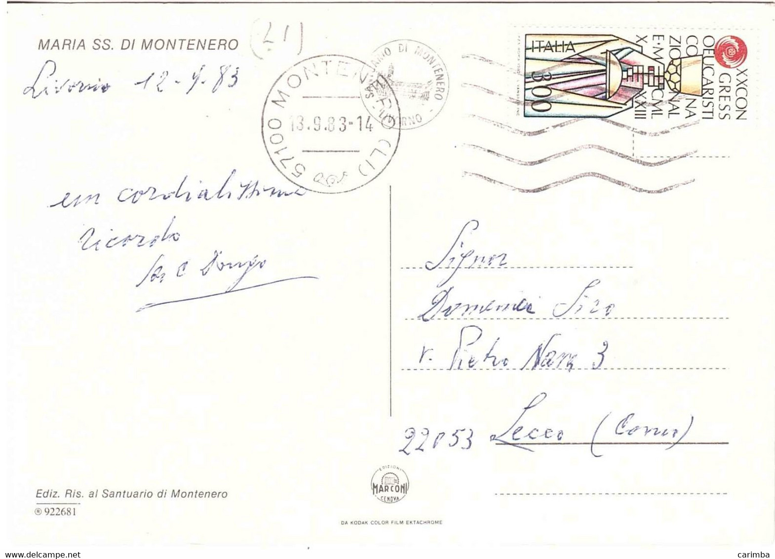 1983 £300 CONGRESSO EUCARISTICO CARTOLINA MARIA SS DI MONTENERO - 1981-90: Storia Postale