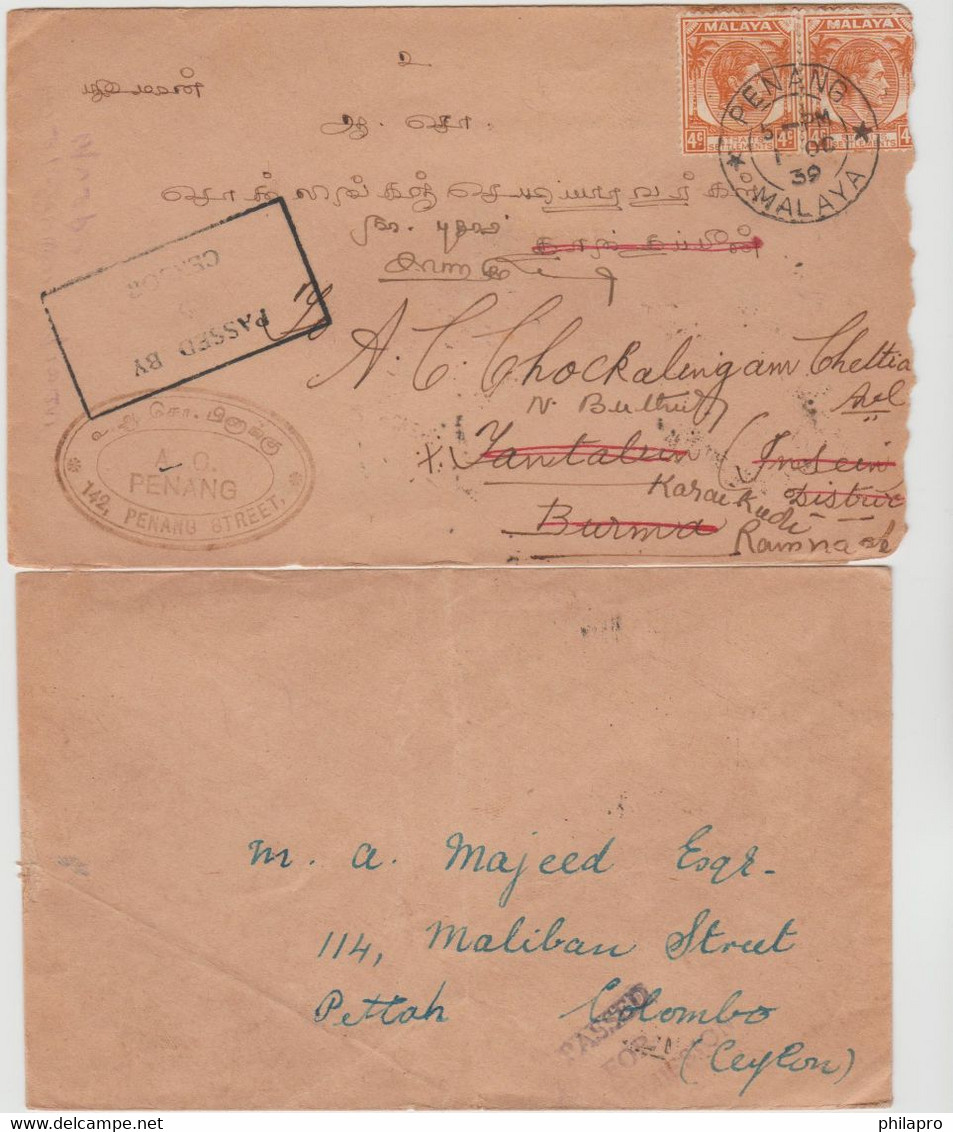 MALAYSIA  LOT 2 CENSORS  COVERS 1939 &1940 From  PENANG & SINGAPORE  To  INDIA  Réf R75 - Penang