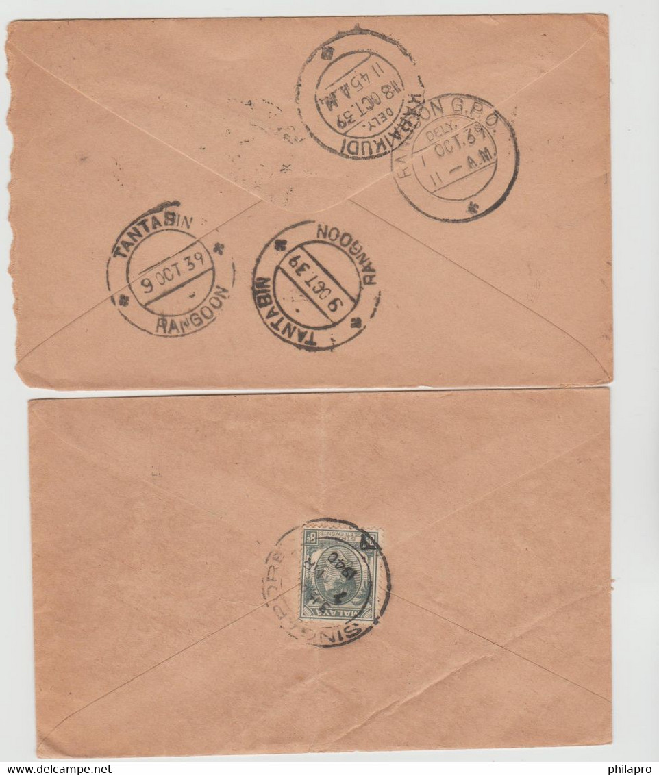 MALAYSIA  LOT 2 CENSORS  COVERS 1939 &1940 From  PENANG & SINGAPORE  To  INDIA  Réf R75 - Penang