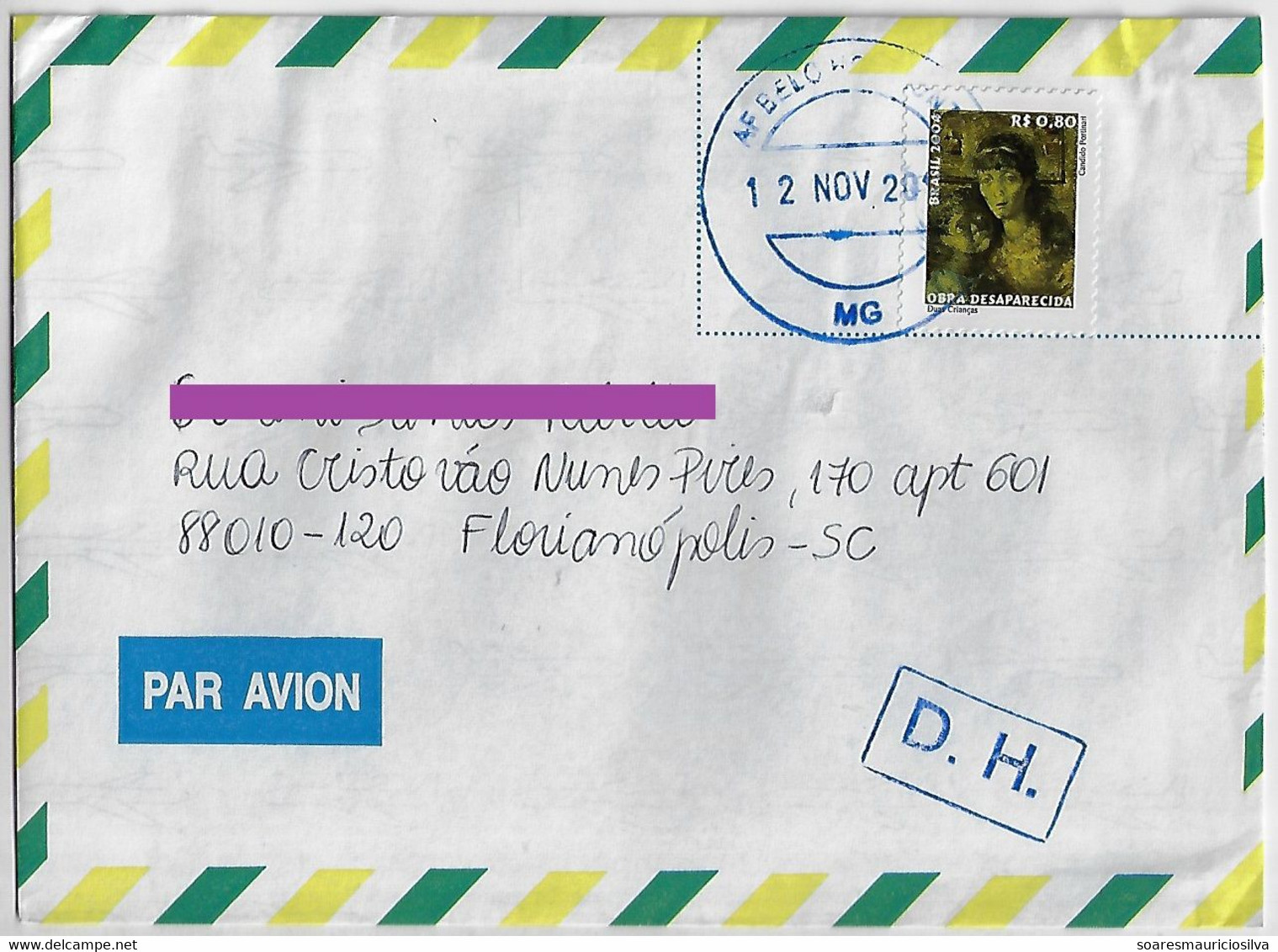 Brazil 2011 Cover Belo Horizonte Florianópolis Stamp RHM-830 Painting Two Children By Portinari Cancel DH After The Hour - Lettres & Documents