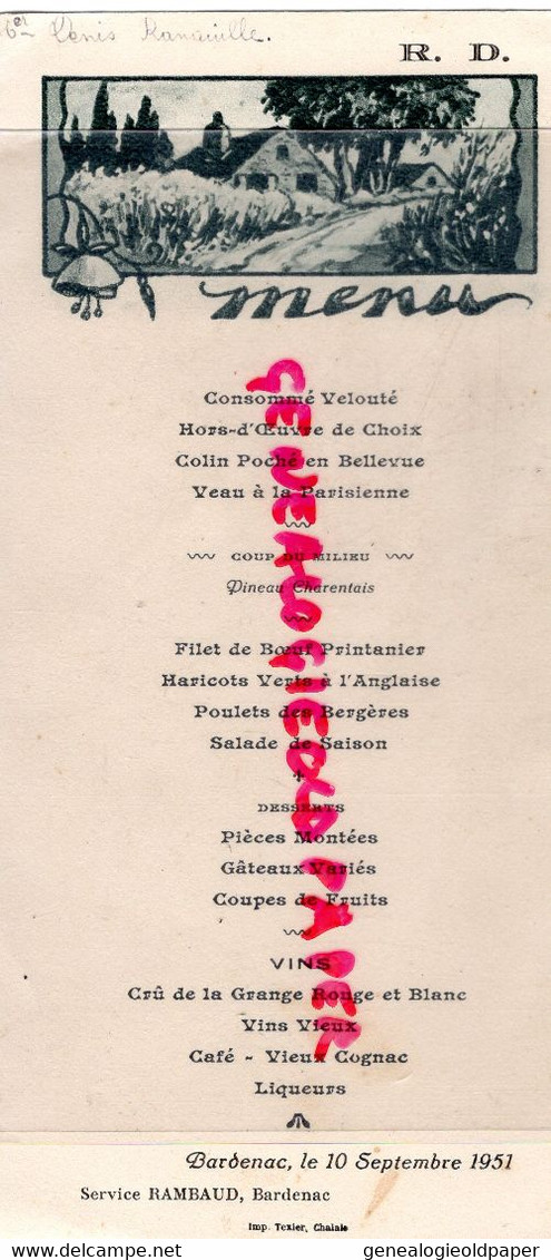 16- BARDENAC- RARE MENU 10 SEPTEMBRE 1951- SERVICE TRAITEUR RAMBAUD - IMPRIMERIE TEXIER CHALAIS - Menükarten