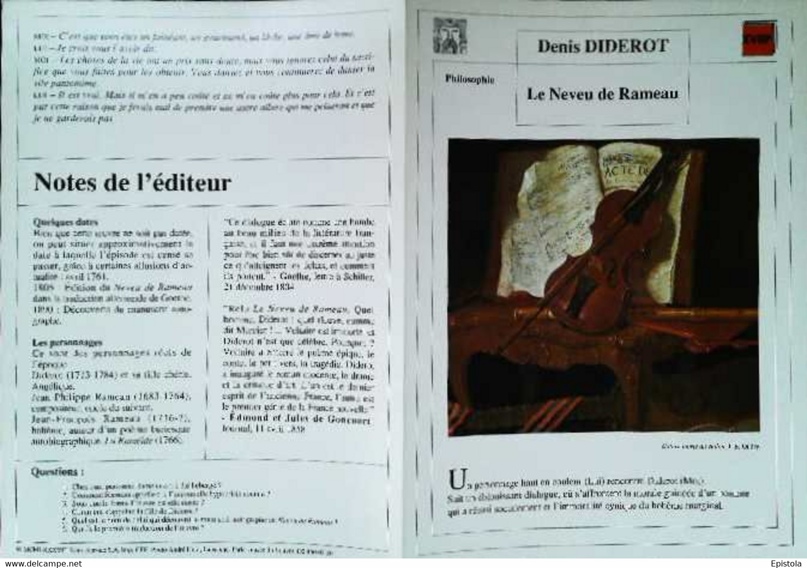 ►   Fiche   Litterature   Diderot   Le Neveu De Rameau  Nature Morte Violon J B Oudry Partition - Didactische Kaarten