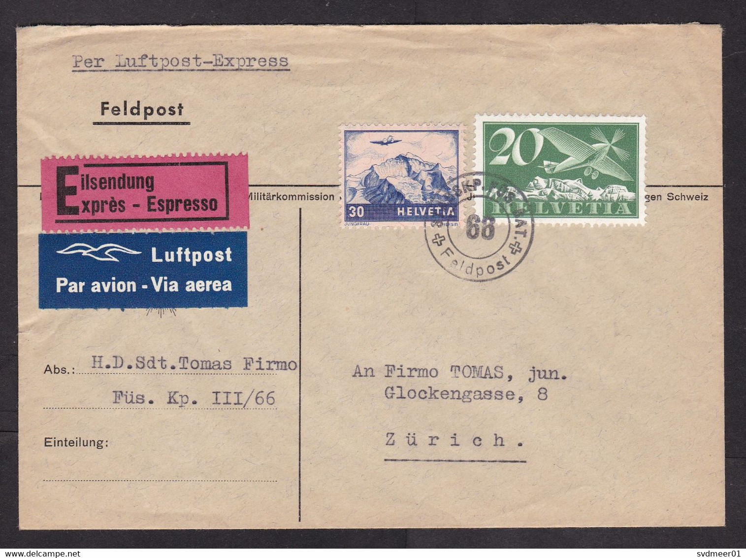 Switzerland: Express Airmail Field Post Cover, 1943, 2 Stamps, Airplane, Uncommon Rate, World War 2, WW2 (traces Of Use) - Covers & Documents