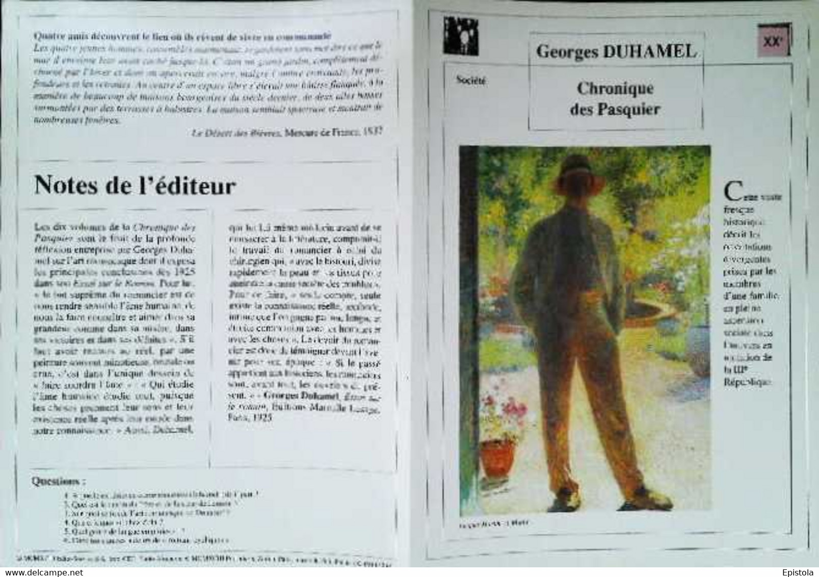 ►   Fiche   Litterature  Georges Duhamel Chronique Des Pasquier  Jacques Martin - Didactische Kaarten