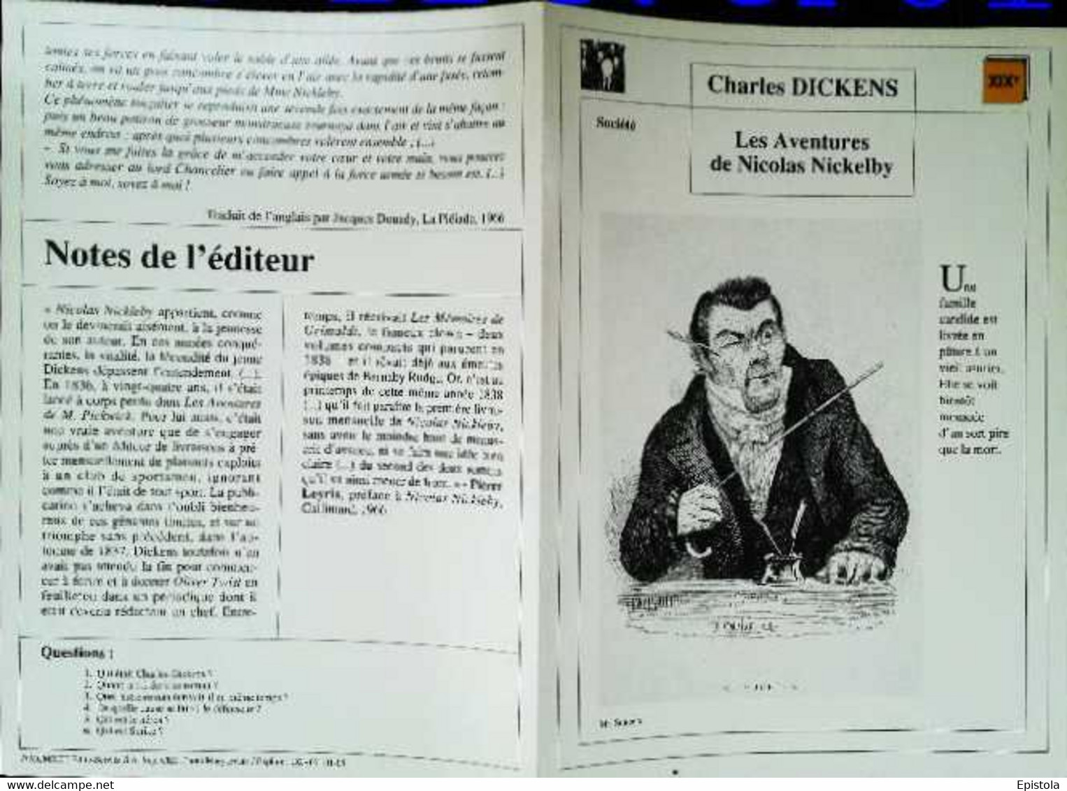 ►   Fiche   Litterature  Charles Dickens Les Aventures De Nicolas  Nickelby  MR Squeers - Didactische Kaarten