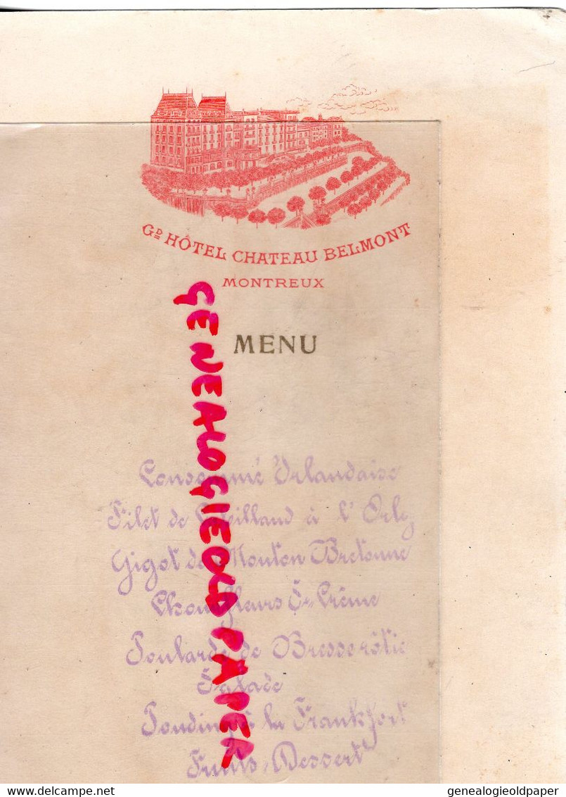 SUISSE - VAUD- MONTREUX- RARE MENU PEINT ENCRE A LA MAIN- GRAND HOTEL CHATEAU BELMONT - Menükarten