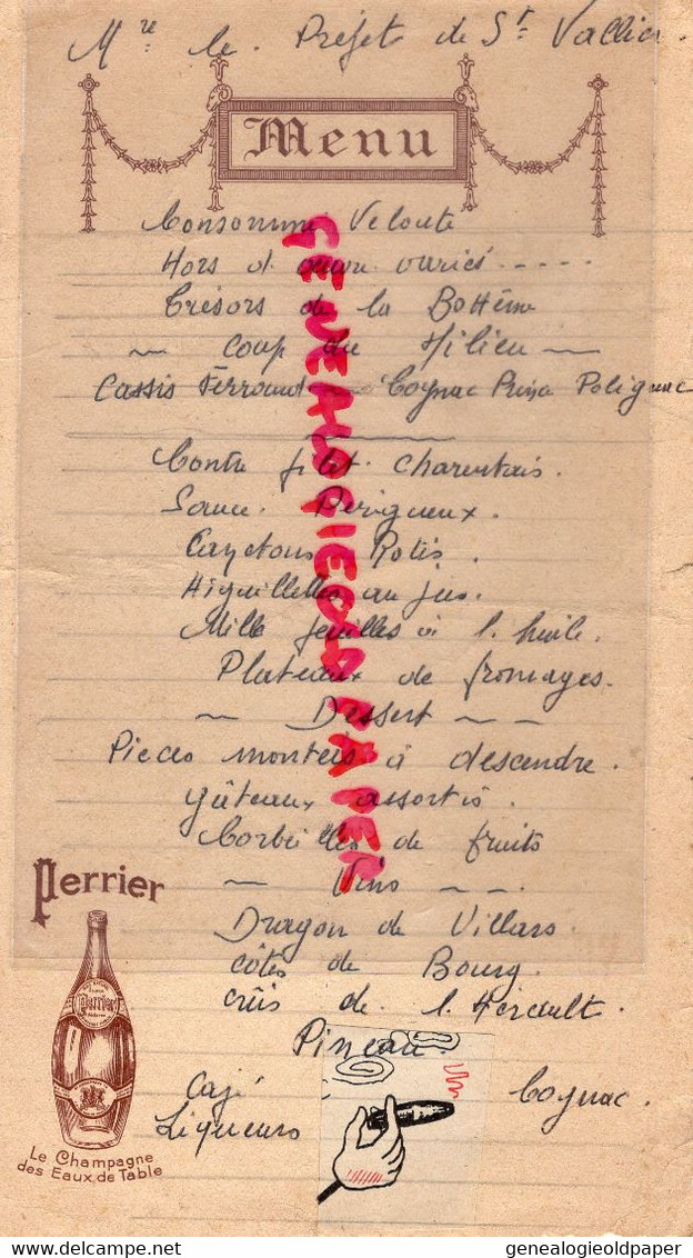 16-COGNAC- MENU A M. LE PREFET DE ST SAINT VALLIER-PERRIER CHAMPAGNE TABLE -COMMUNION DE MARIE FRANCE - Menus