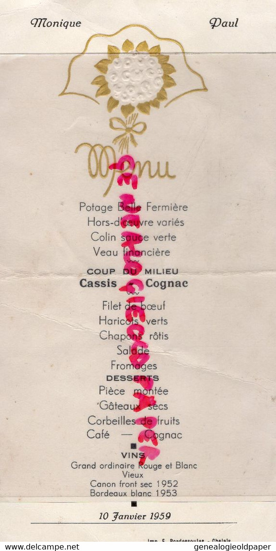 16-ST SAINT VALLIER- COGNAC-MENU MARIAGE MONIQUE PAUL -MAURICE CORNEAUD- BORDESSOULES CHALAIS - Menú