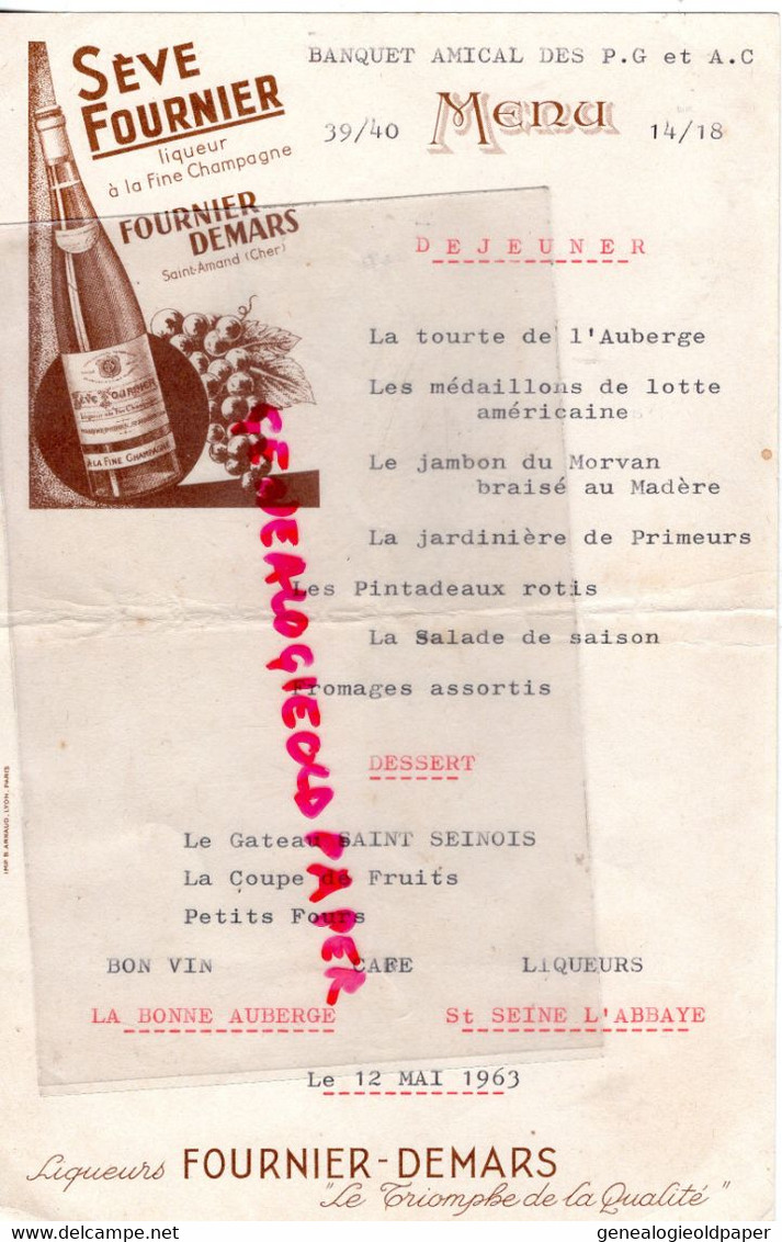 21-ST SAINT SEINE L' ABBAYE-RARE MENU BANQUET P.G.-ET A.C-PRISONNIERS GUERRE 1939-1945-LA BONNE AUBERGE-FOURNIER DEMARS - Menú