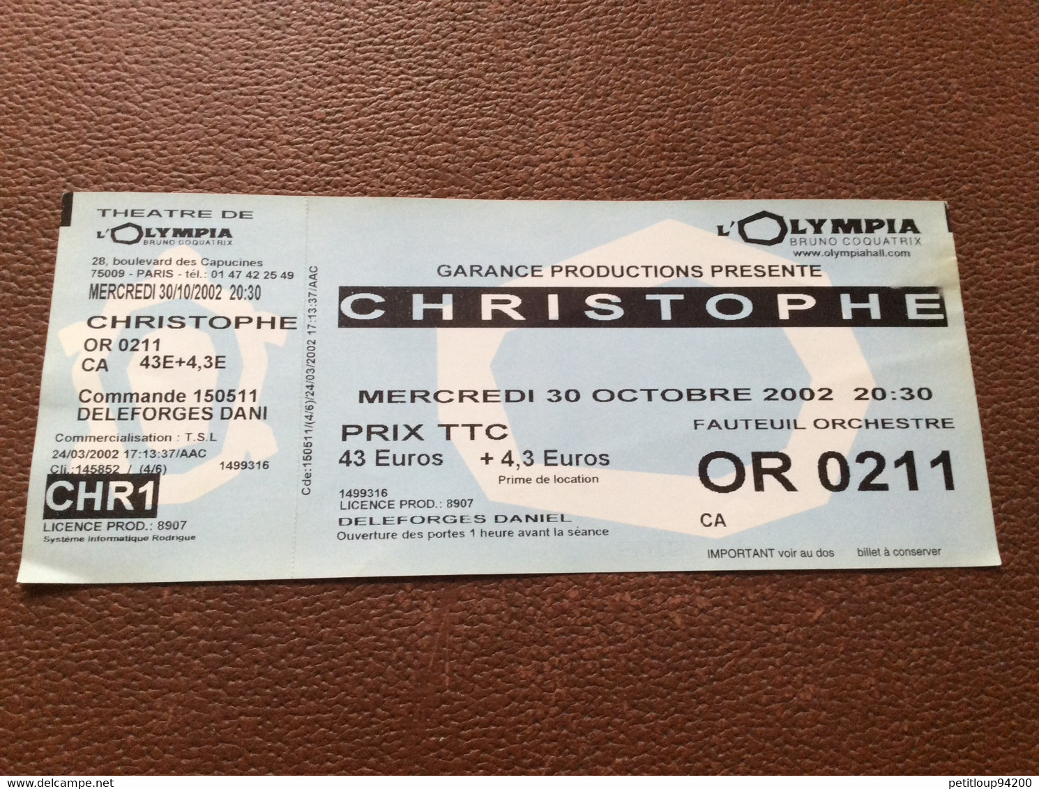 TICKET DE CONCERT  CHRISTOPHE  L’Olympia  OCTOBRE 2002 - Tickets De Concerts