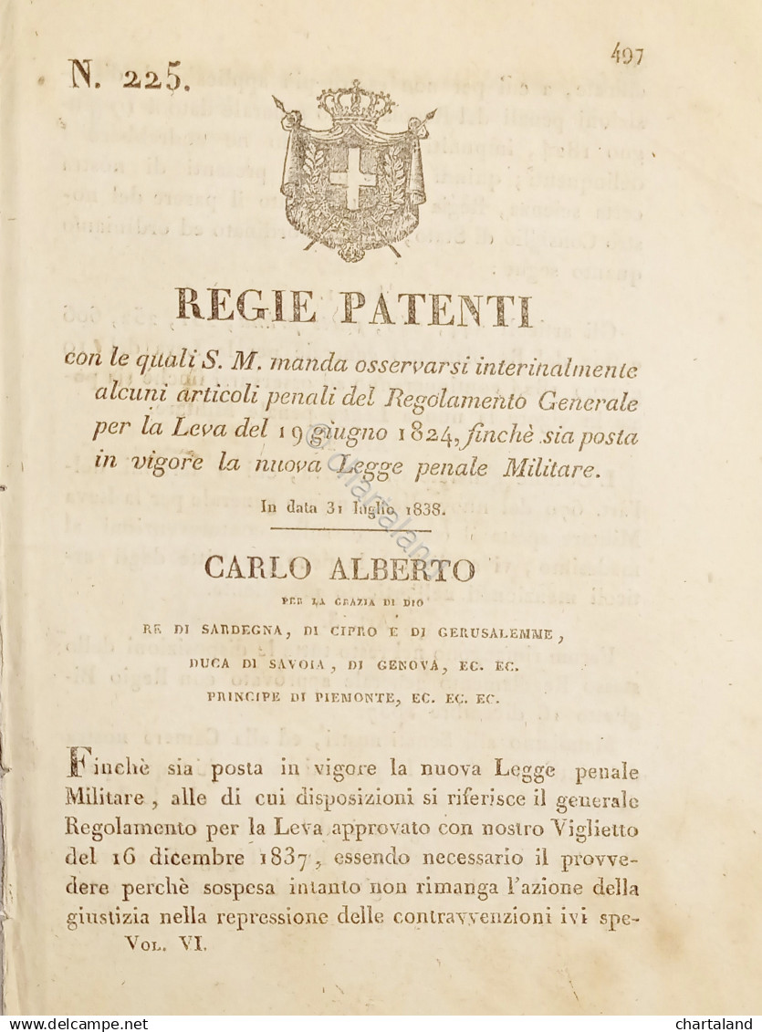 Regie Patenti Carlo Alberto - Vigore La Nuova Legge Penale Militare - 1838 - Unclassified