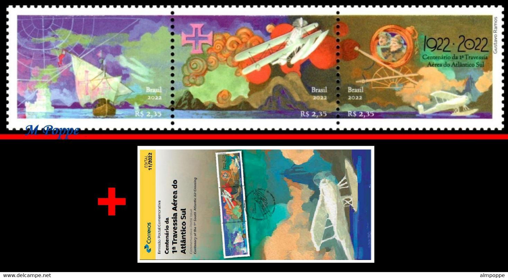 Ref. BR-V2022-11+E BRAZIL 2022 TRANSPORT, CENT. 1ST SOUTH ATLANTIC, AIR CROSSING, AVIATION, MNH + BROCHURE 3V - Unused Stamps