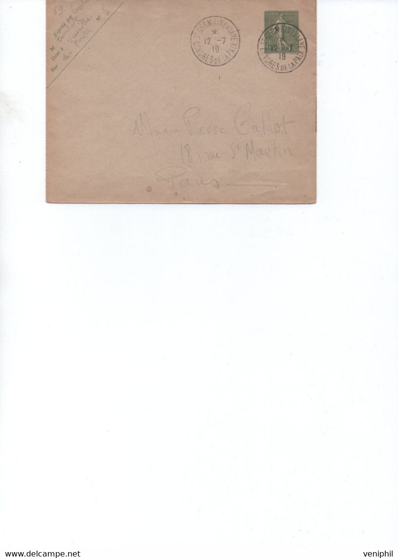 LETTRE ENTIER POSTAL 130-CP1 -OBLITEREE CAD  CONGRES DE LA PAIX -12-7-1919- ST GERMAIN EN LAYE - Enveloppes Repiquages (avant 1995)