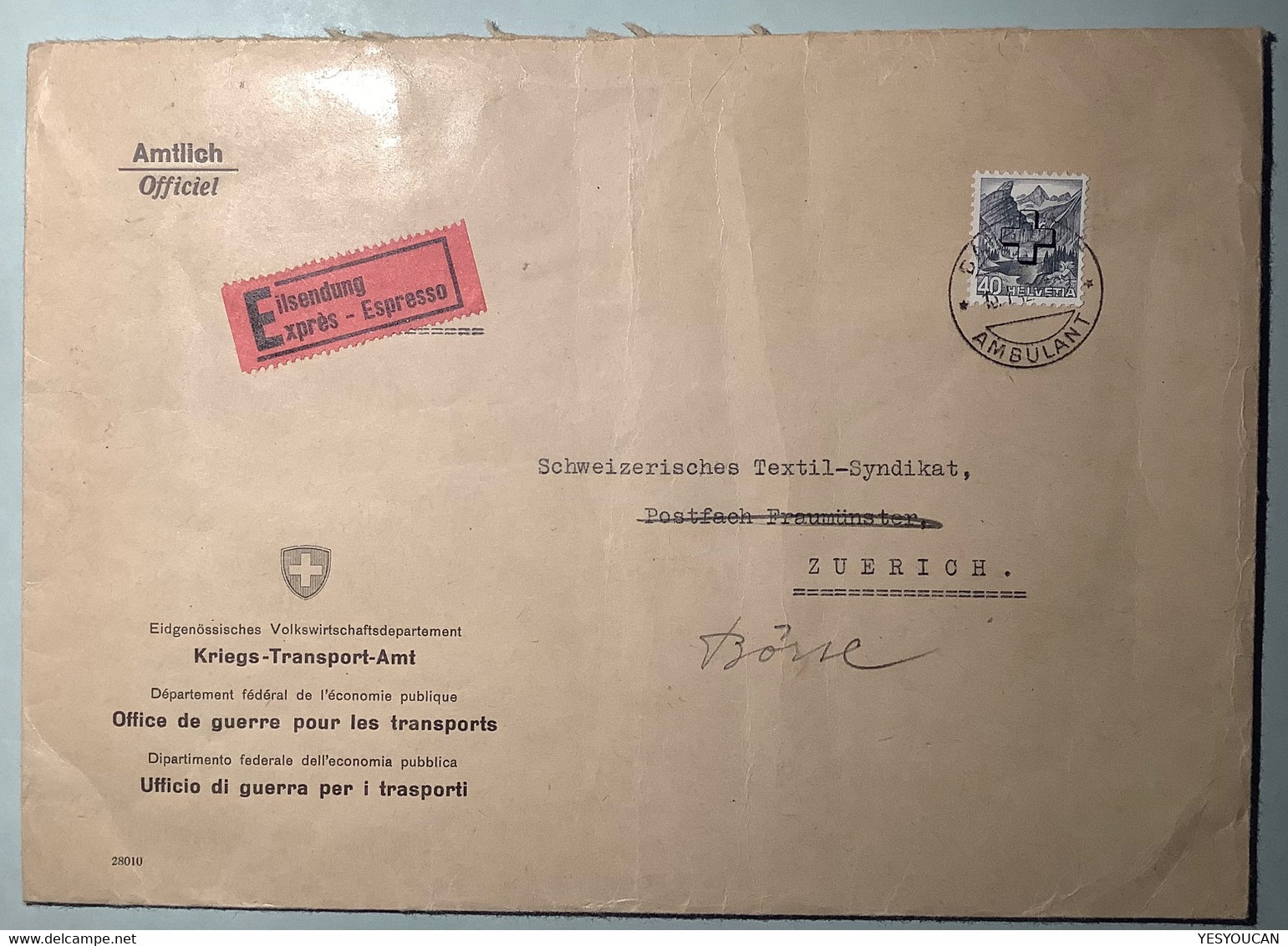 Verwaltungsmarken 1938 ZNr 36y Seltene AMBULANT 1942 EILSENDUNG Brief(Schweiz Dienstmarken Bahnpost Exprès Krieg WW2 War - Officials