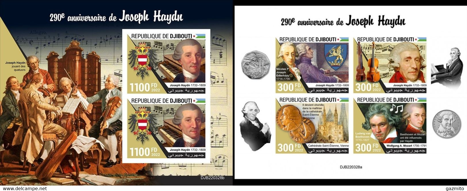 Djibouti 2022, Music, J. Haydn, 4val In BF +BF IMPERFORATED - Music