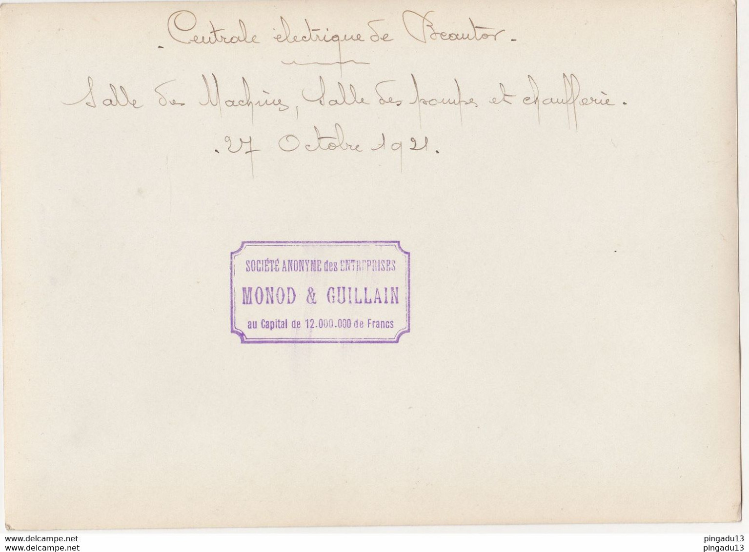 Fixe WW1 Reconstruction ? Aisne Beautor Centrale électrique 27 Oct 1921 Monod Guillain Machines Pompes Chaufferies - 1914-18