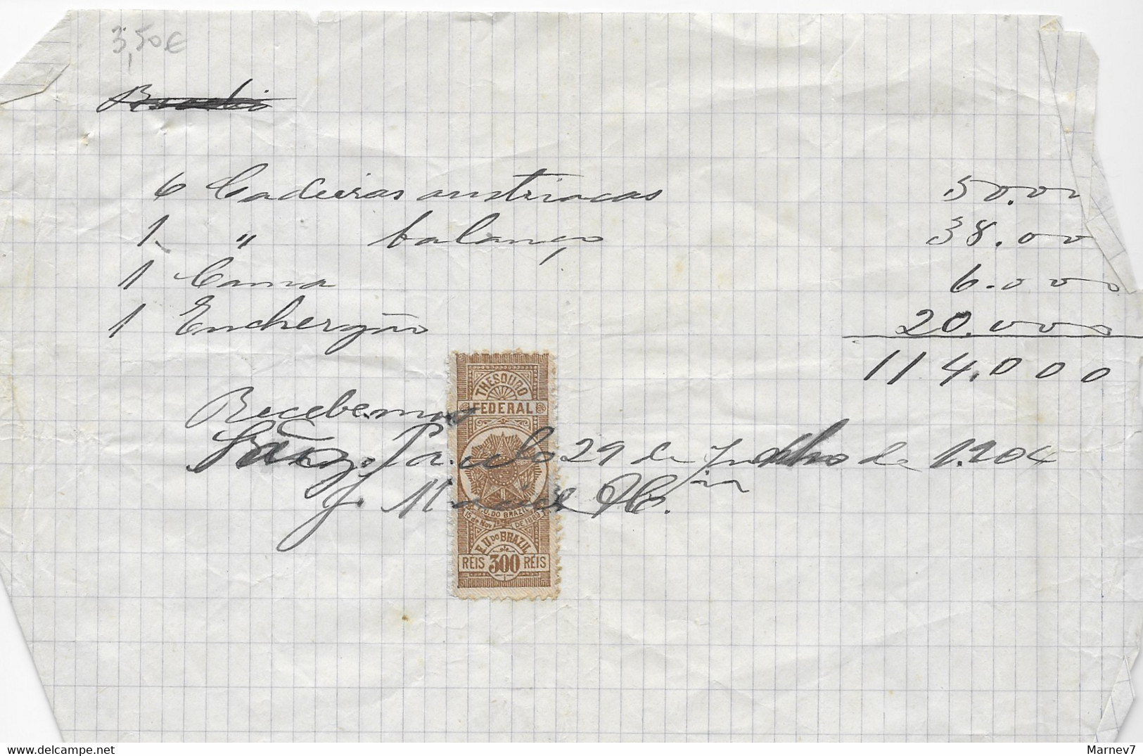 BRESIL Brazil - Sur Partie De Lettre Timbre Fiscal Taxe Revenue Tax De 300 REIS - 1904 - - Postage Due