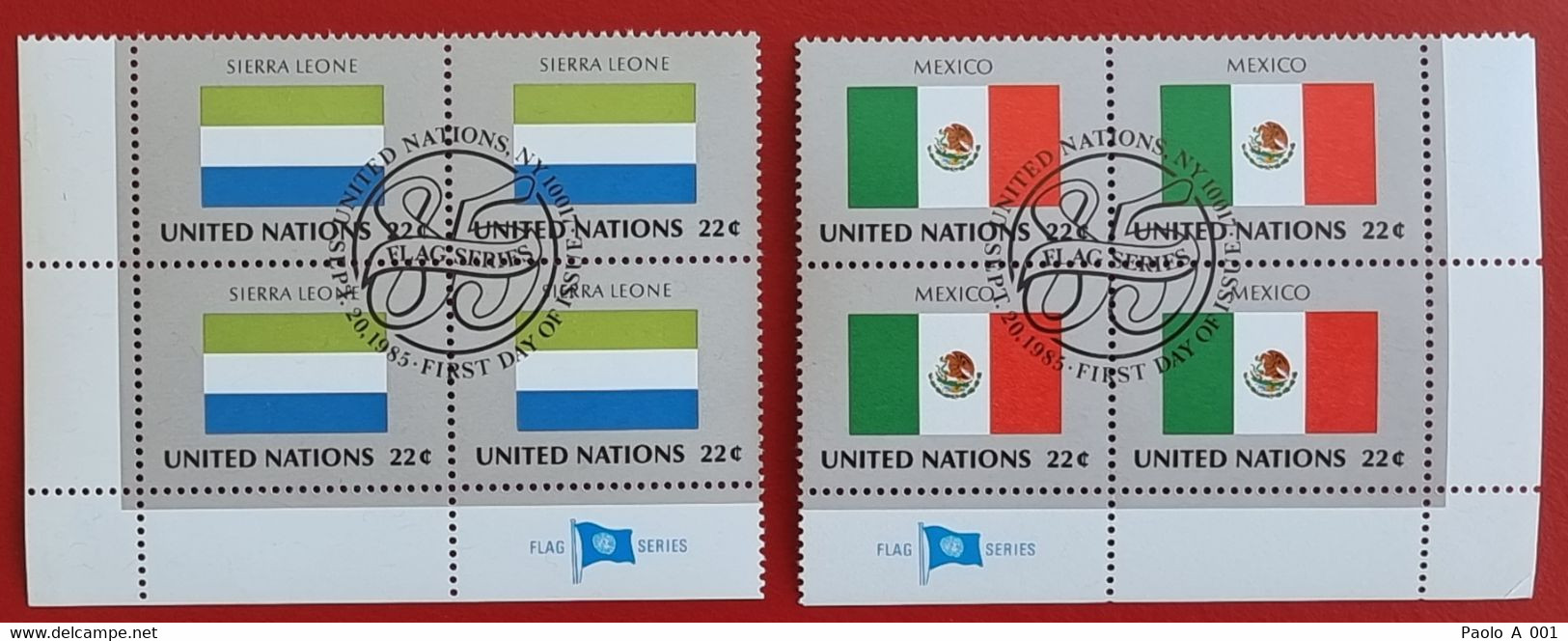 UNO NEW YORK 1985 MEXICO AMERICA SIERRA LEONE AFRICA FLAG OF NATIONS BLOC OF FOUR FIRST DAY FULL GUM - Oblitérés