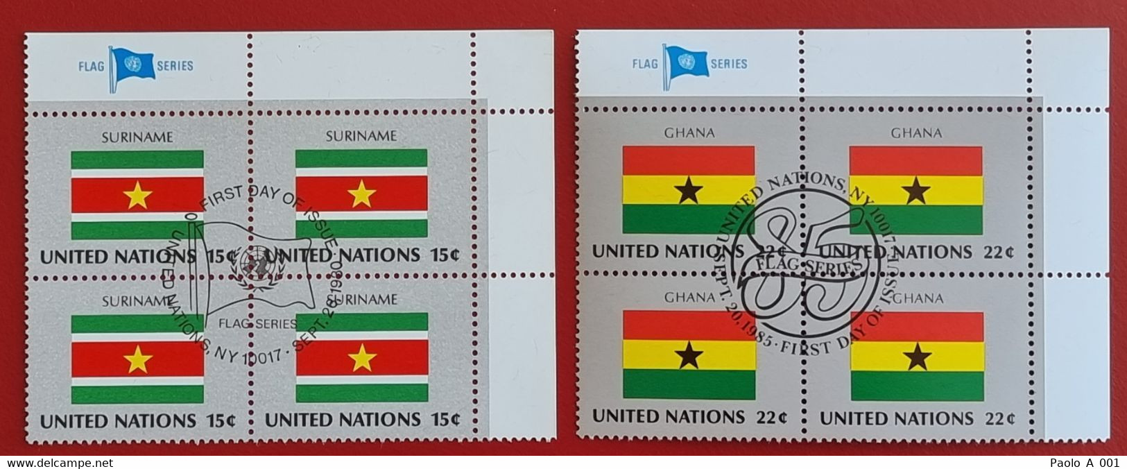 UNO NEW YORK 1980 1985 SURINAME AMERICA GHANA AFRICA FLAG OF NATIONS BLOC OF FOUR FIRST DAY FULL GUM - Oblitérés