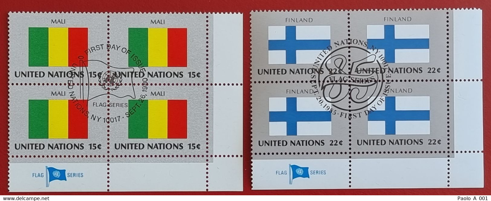 UNO NEW YORK 1980 1985 FINLAND SUOMI EUROPE MALI AFRICA FLAG OF NATIONS BLOC OF FOUR FIRST DAY FULL GUM - Usados