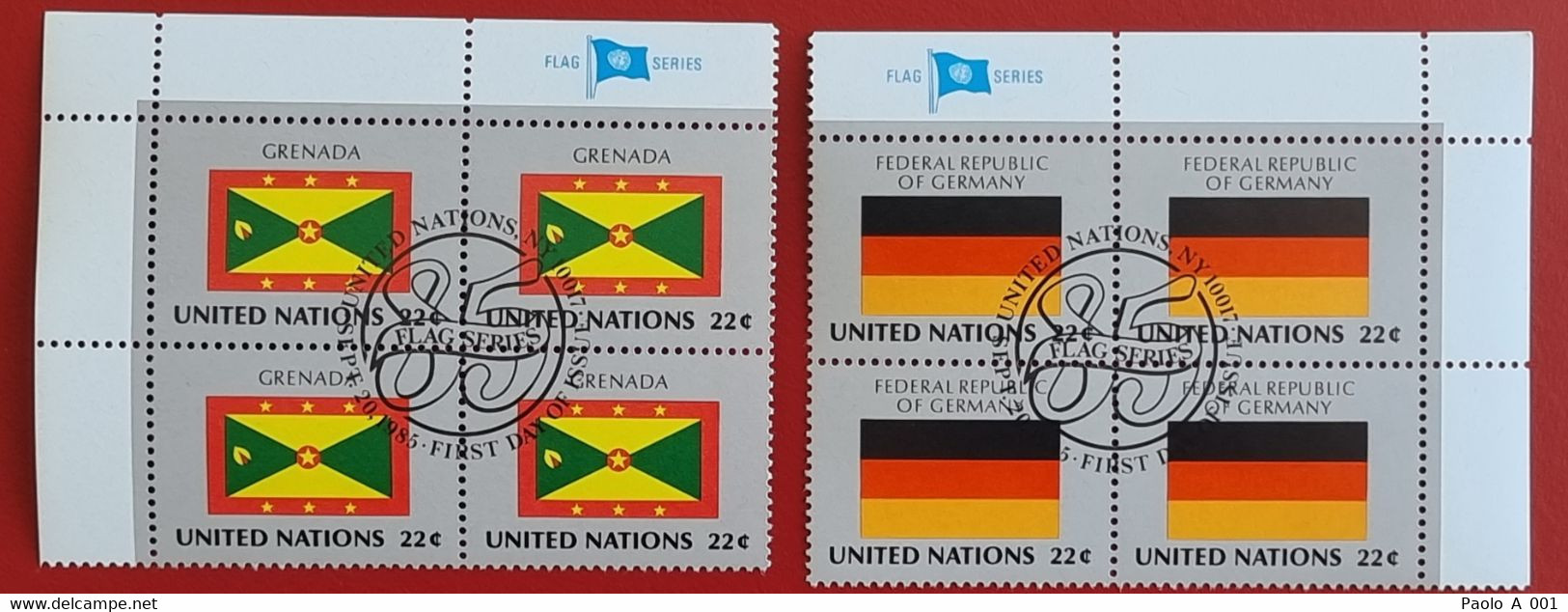 UNO NEW YORK 1985 DEUTSCHLAND GERMANY EUROPE GRENADA AMERICA FLAG OF NATIONS BLOC OF FOUR FIRST DAY FULL GUM - Oblitérés