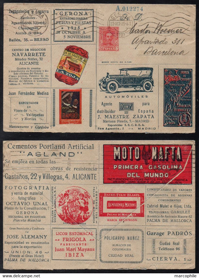 ESPAGNE - GERONA / 1925 ENTIER POSTAL TIMBRE SUR COMMANDE ILLUSTRE - PUBLICITES MULTIPLES / VOIR DETAIL (ref 3513) - 1850-1931