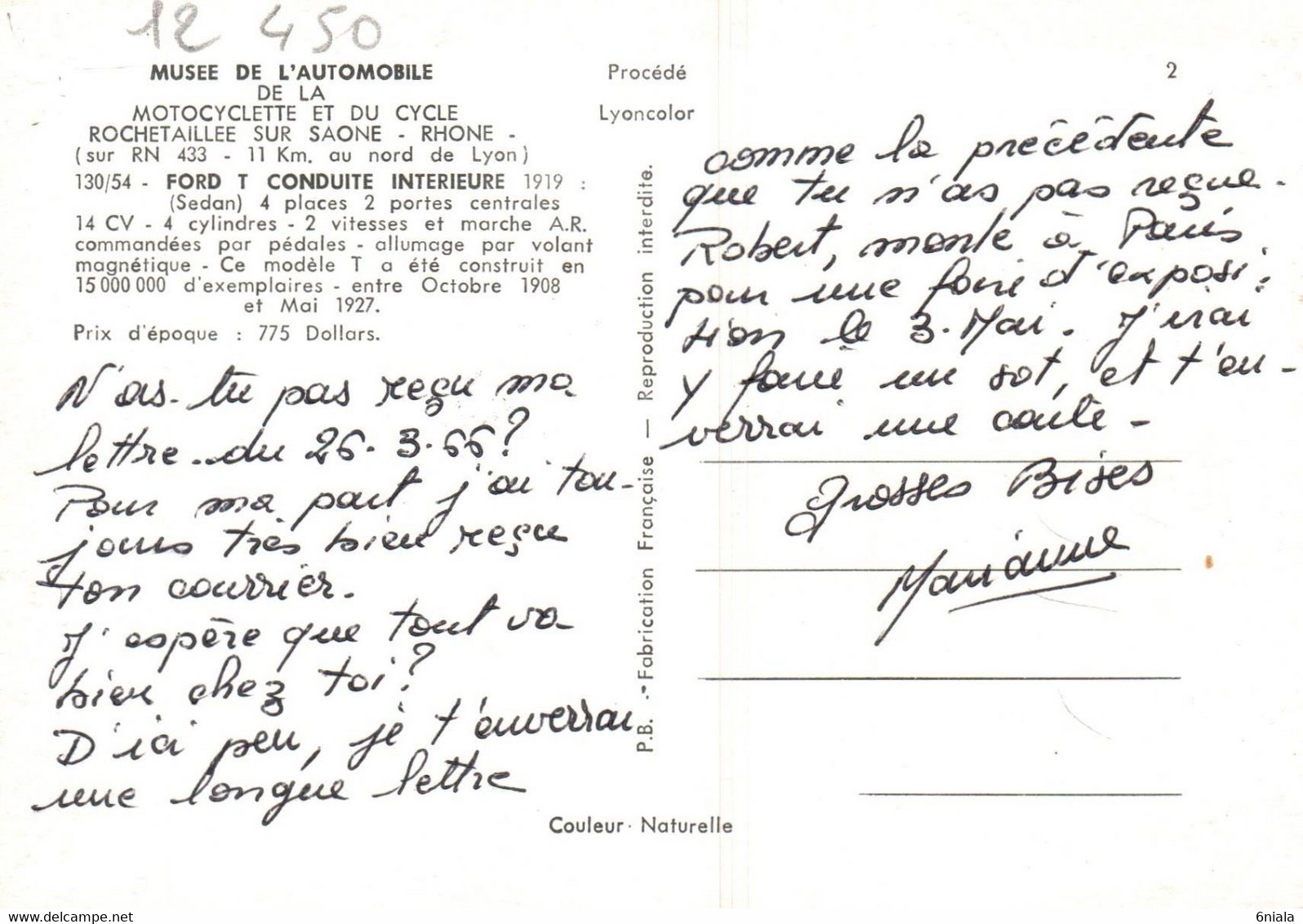 FORD T Conduite Intérieure   1919    Voiture Automobile  Ancêtre   .  (Recto-verso) - Turismo