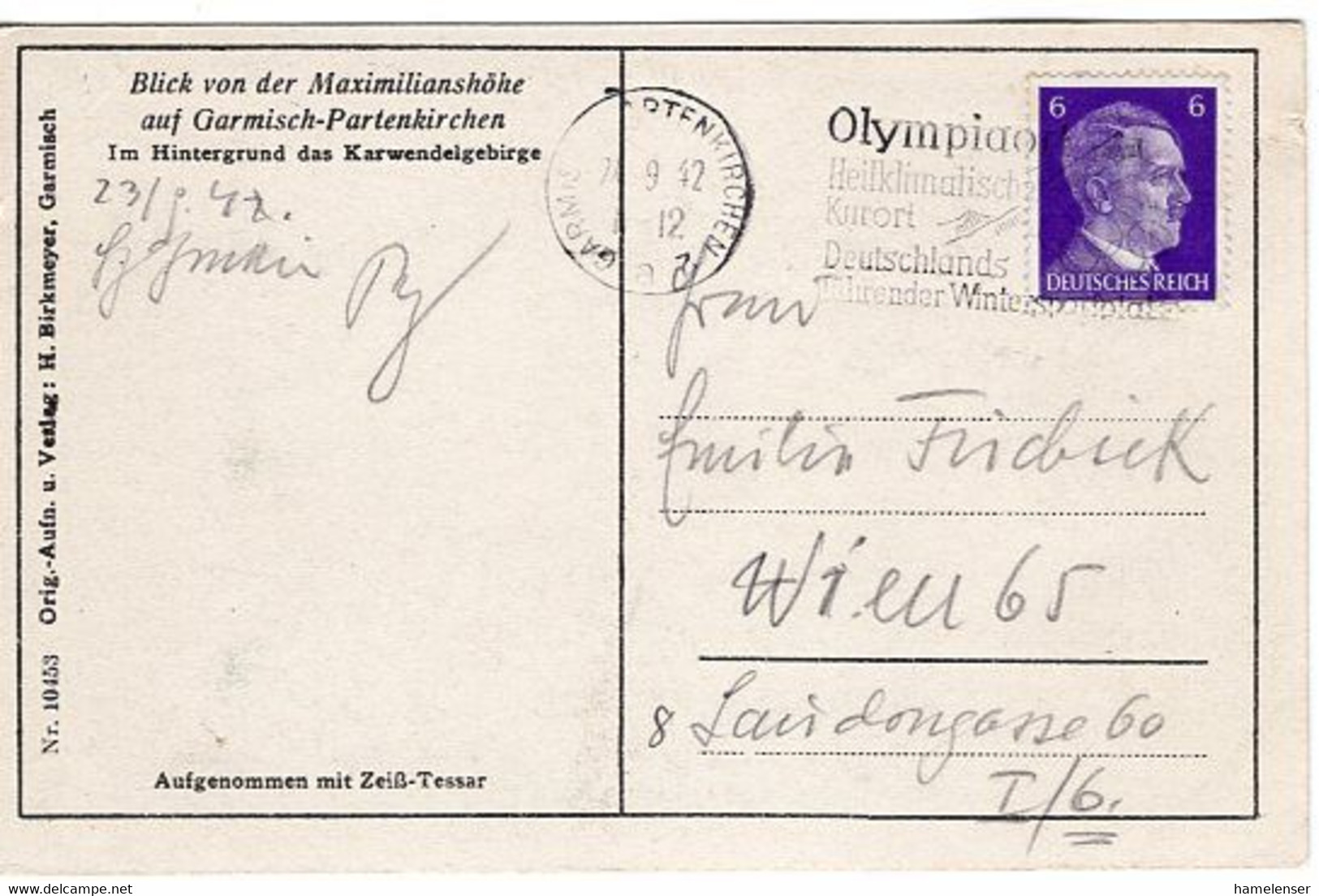 54035 - Deutsches Reich - 1942 - 6Pfg Hitler EF A AnsKte GARMISCH-... - OLYMPIAORT ... -> Wien - Invierno 1936: Garmisch-Partenkirchen