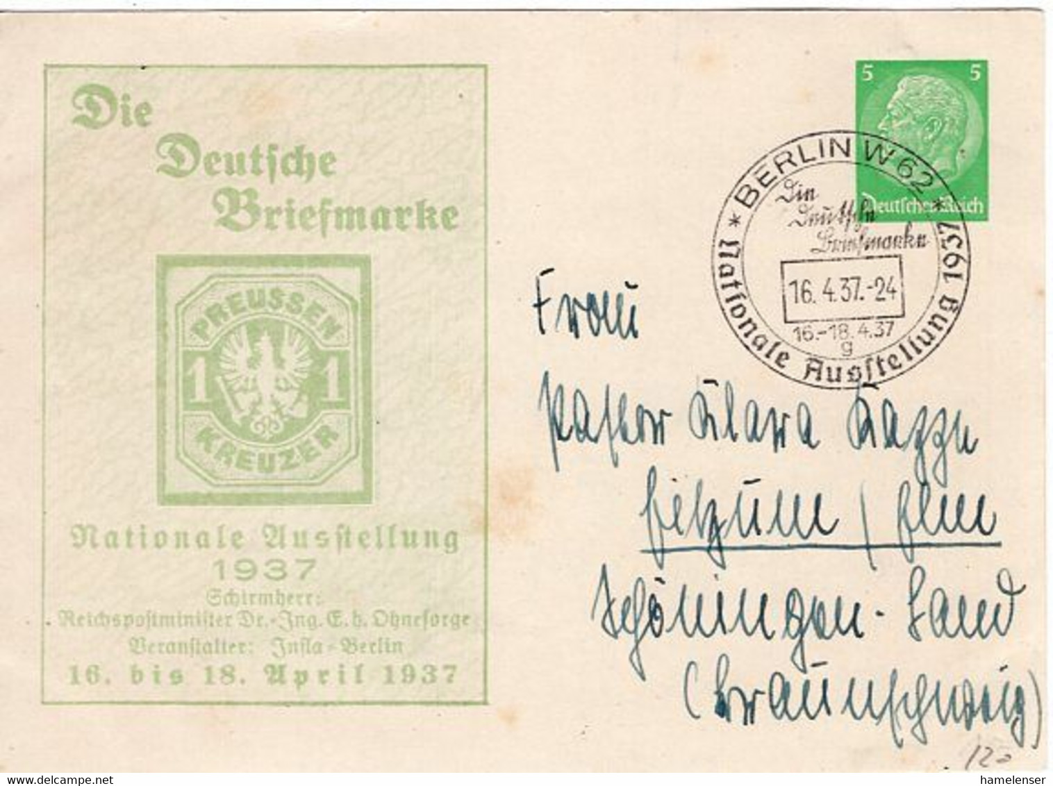 54113 - Deutsches Reich - 1937 - 5Pfg Hindenburg PGAKte "Die Deutsche Briefmarke" SoStpl BERLIN - NATIONALE AUSSTELLUNG - Other & Unclassified