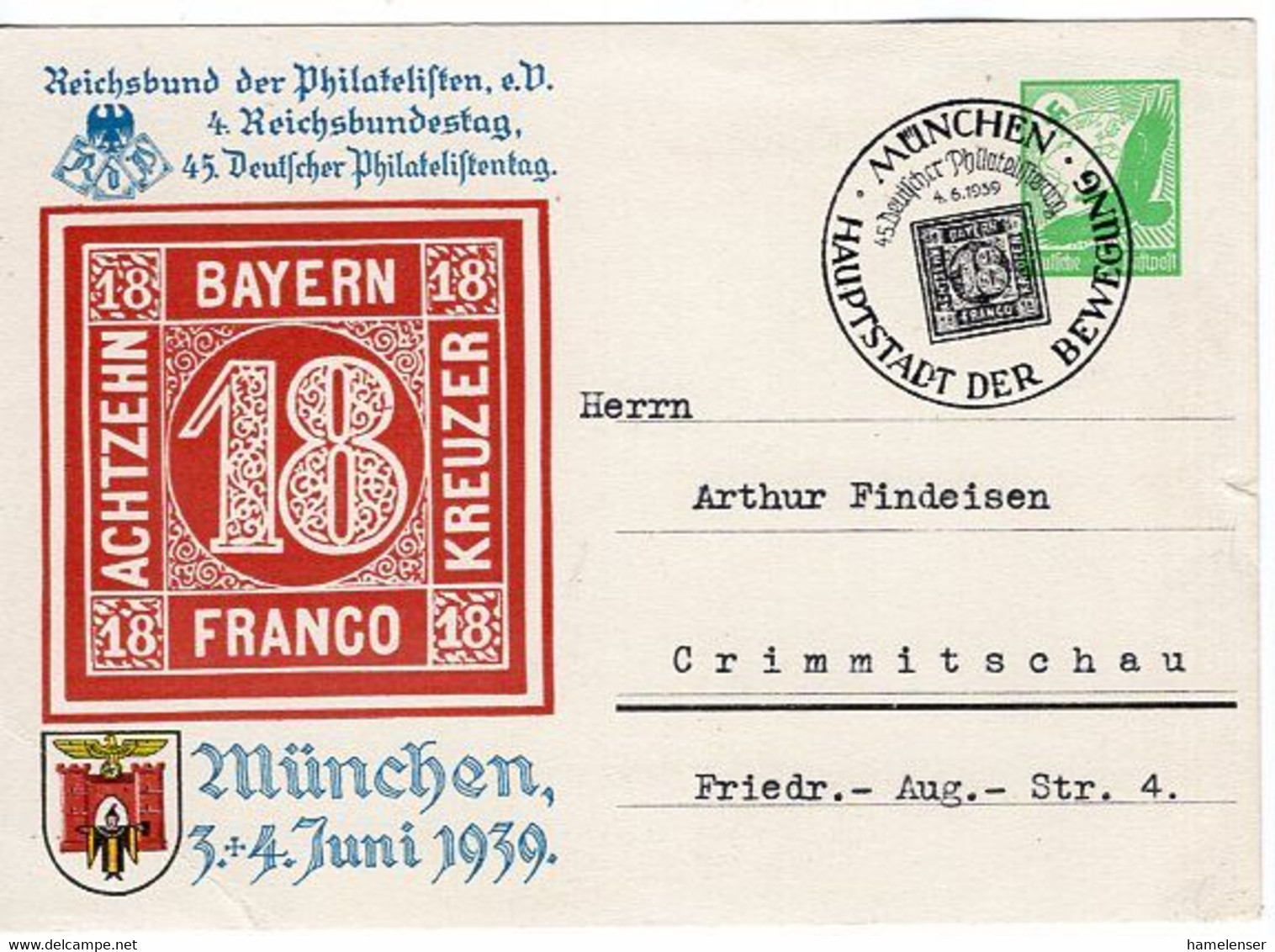 54123 - Deutsches Reich - 1939 - 5Pfg Luftpost PGAKte "Philatelistentag" SoStpl MUENCHEN - 45.DEUTSCHER PHILATELISTENTAG - Sellos Sobre Sellos