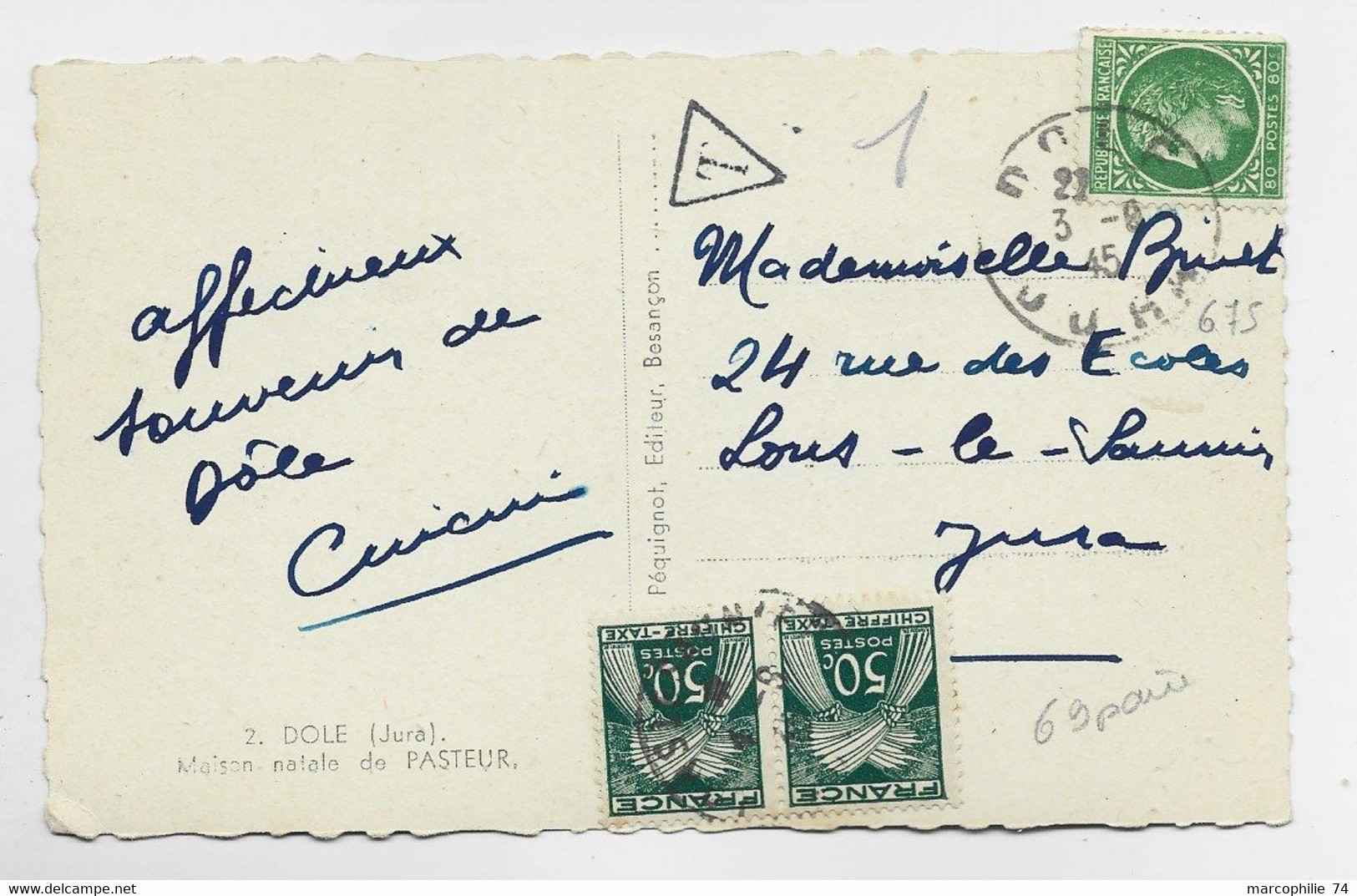 MAZELIN 80C VERT SEUL CARTE 5 MOTS DOLE JURA 3.6.1945 POUR LONS JURA TAXE GERBES 50C PAIRE - 1945-47 Ceres Of Mazelin