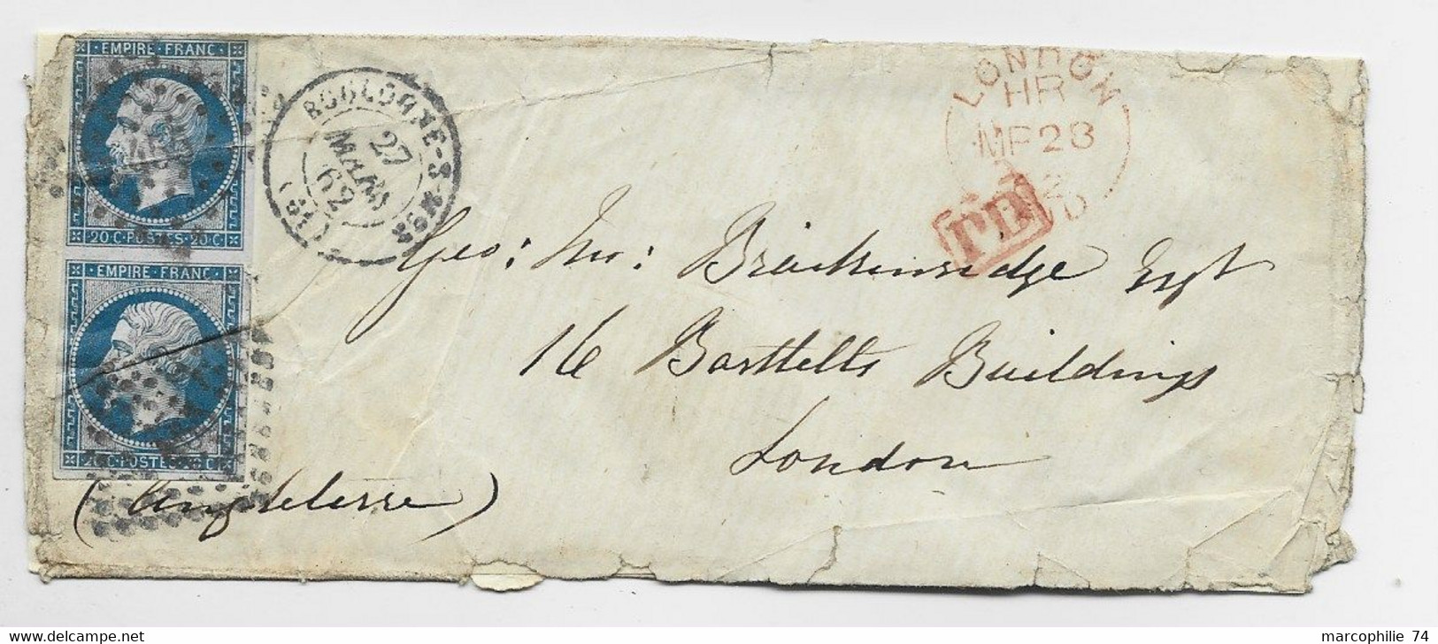 FRANCE  N° 14X2 LETTRE COVER PC BOULOGNE S MER 27 MARS 1862 TO LONDRES LONDON B/TB - 1849-1876: Période Classique