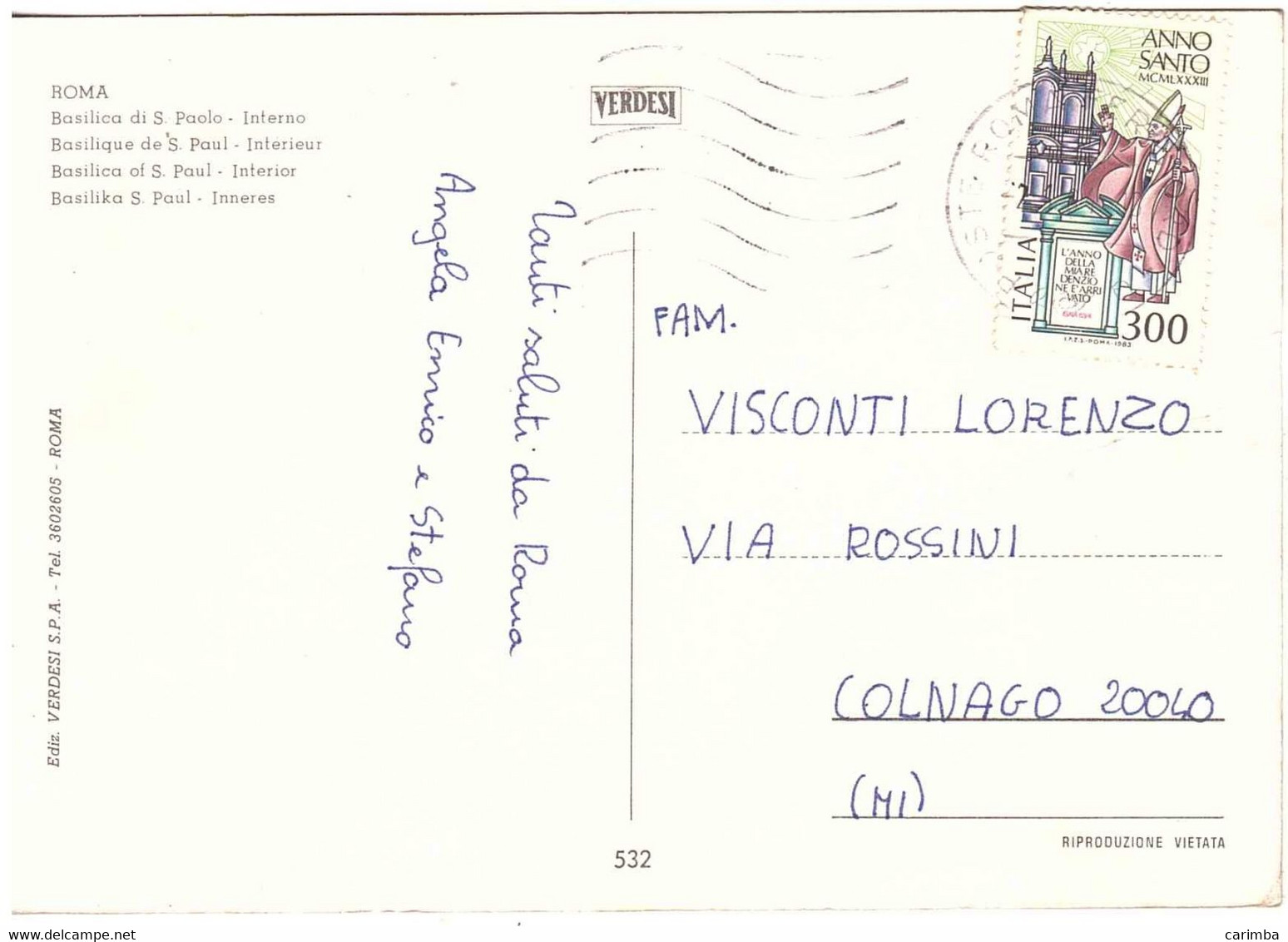 1983 £300 ANNO SANTO CARTOLINA BASILICA S.PAOLO - 1981-90: Storia Postale