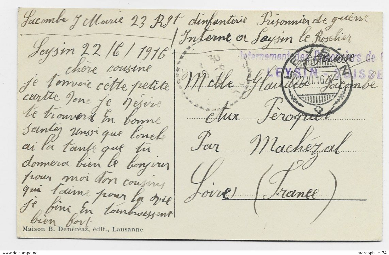 HELVETIA SUISSE INTERNEMENT DES PRISONNIERS DE GUERRE LEYSIN SUISSE 1916 SUR CARTE - Postmarks