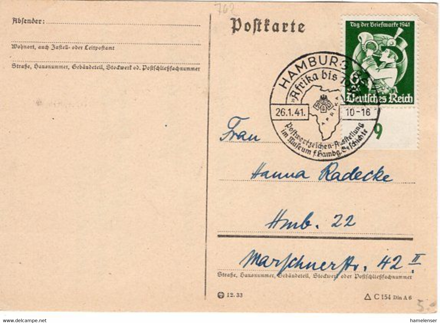 54229 - Deutsches Reich - 1941 - 6Pfg Tag Der Briefmarke A OrtsKte SoStpl HAMBURG - AFRIKA BIS 1940 POSTWERTZEICHEN-... - Geographie